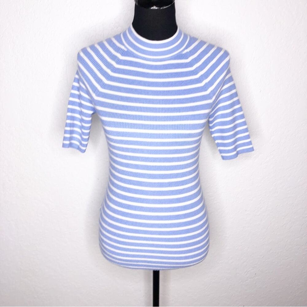 Ann Taylor blue‎ white striped mock turtleneck short sleeve sweater top size XS